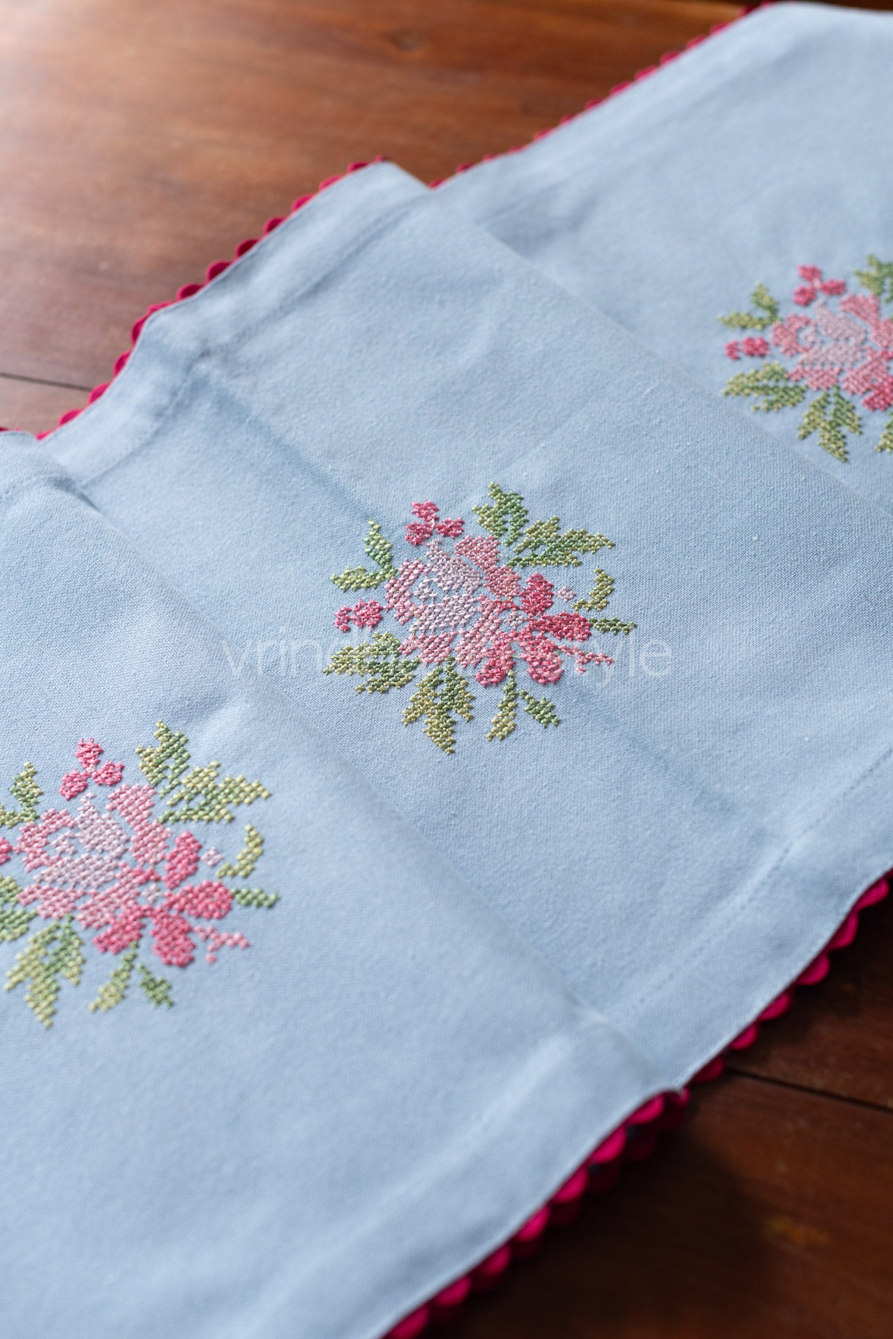 Cotton table runner with embroidery and lace detailing -12x44 inches