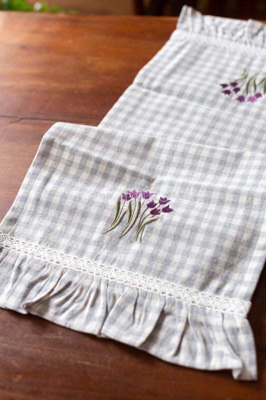 Cotton coffee  table runner with embroidery and frill detailing - 11x33 inches