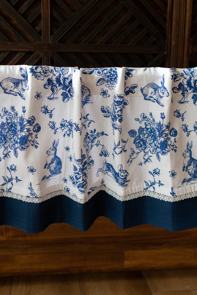 blue and white kitchen curtain