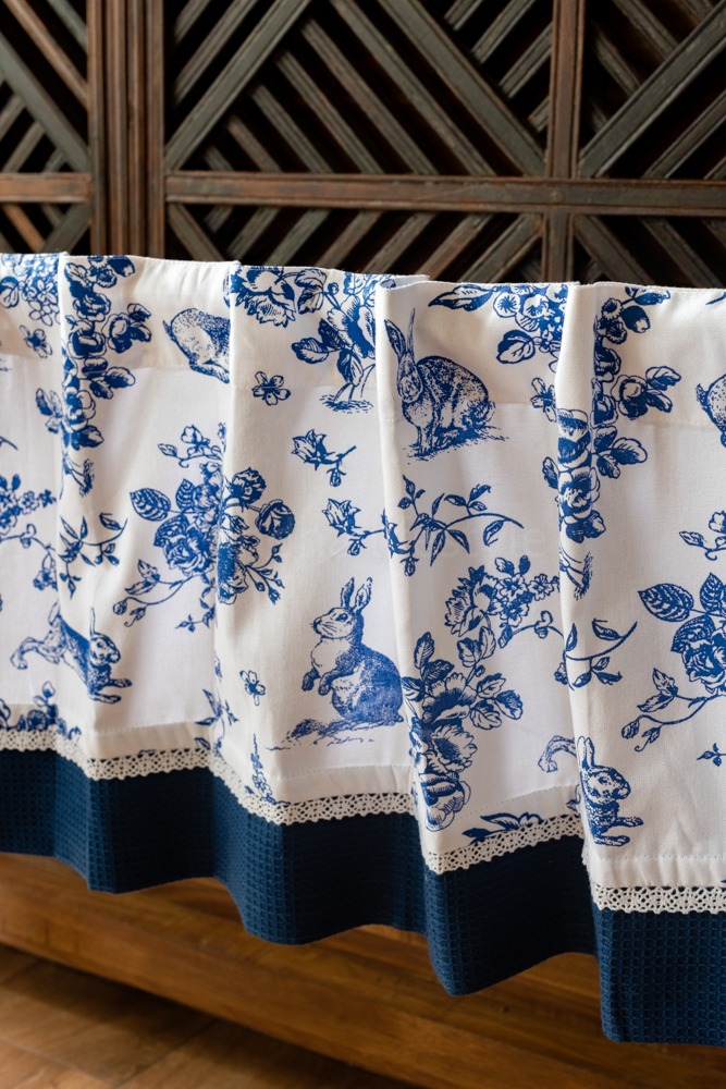 kitchen valance blue and white