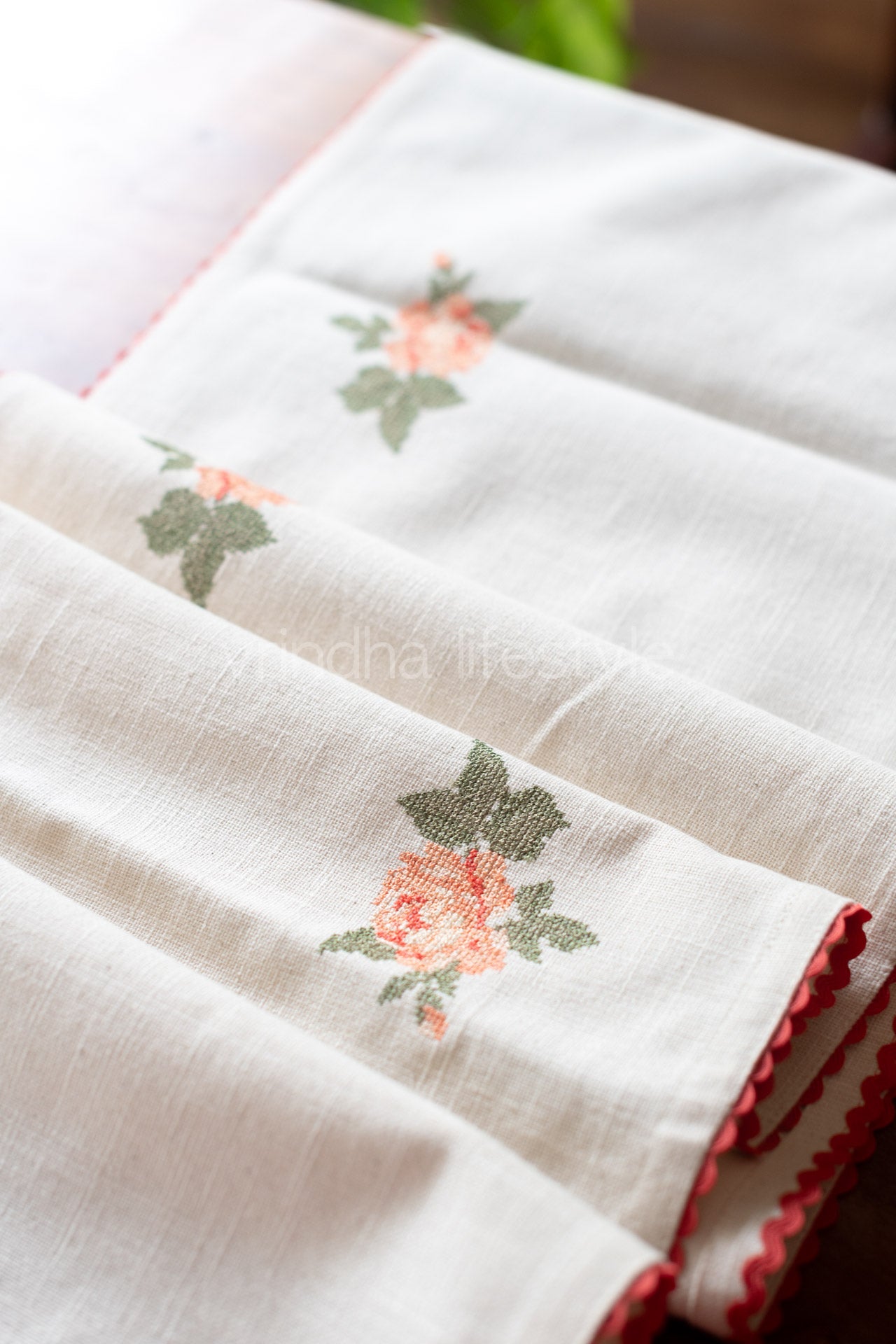 Cotton table runner with embroidery - 14x60 inches-coffee table runner