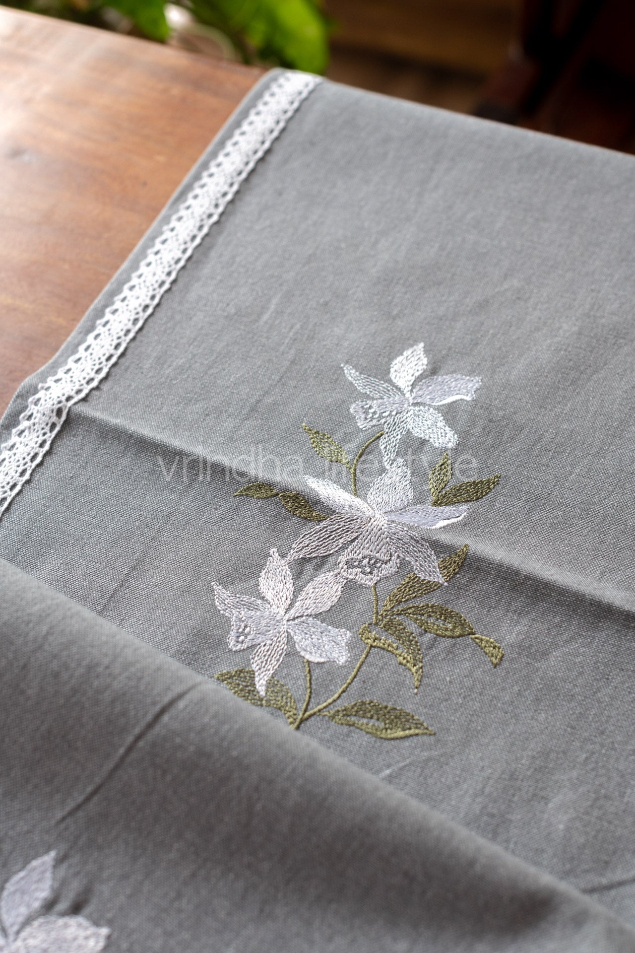 Cotton table runner with embroidery and lace detailing- 13x58 inches-customisable