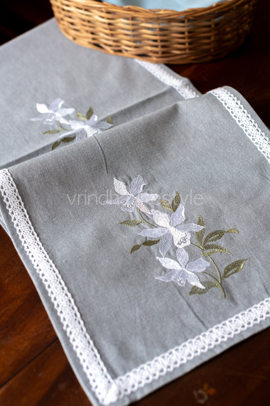 Cotton table runner with embroidery and lace detailing- 13x58 inches-customisable