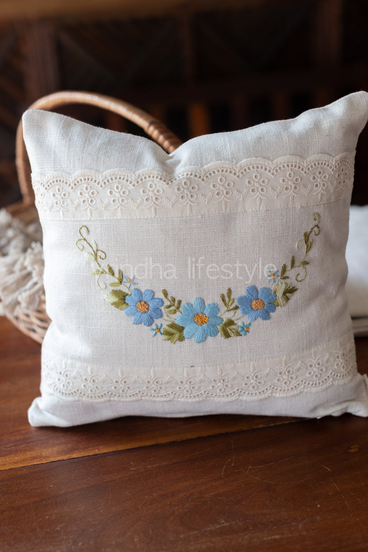 cotton cushion cover with hand embroidery and lace detailing -Single unit- 12x12 inches