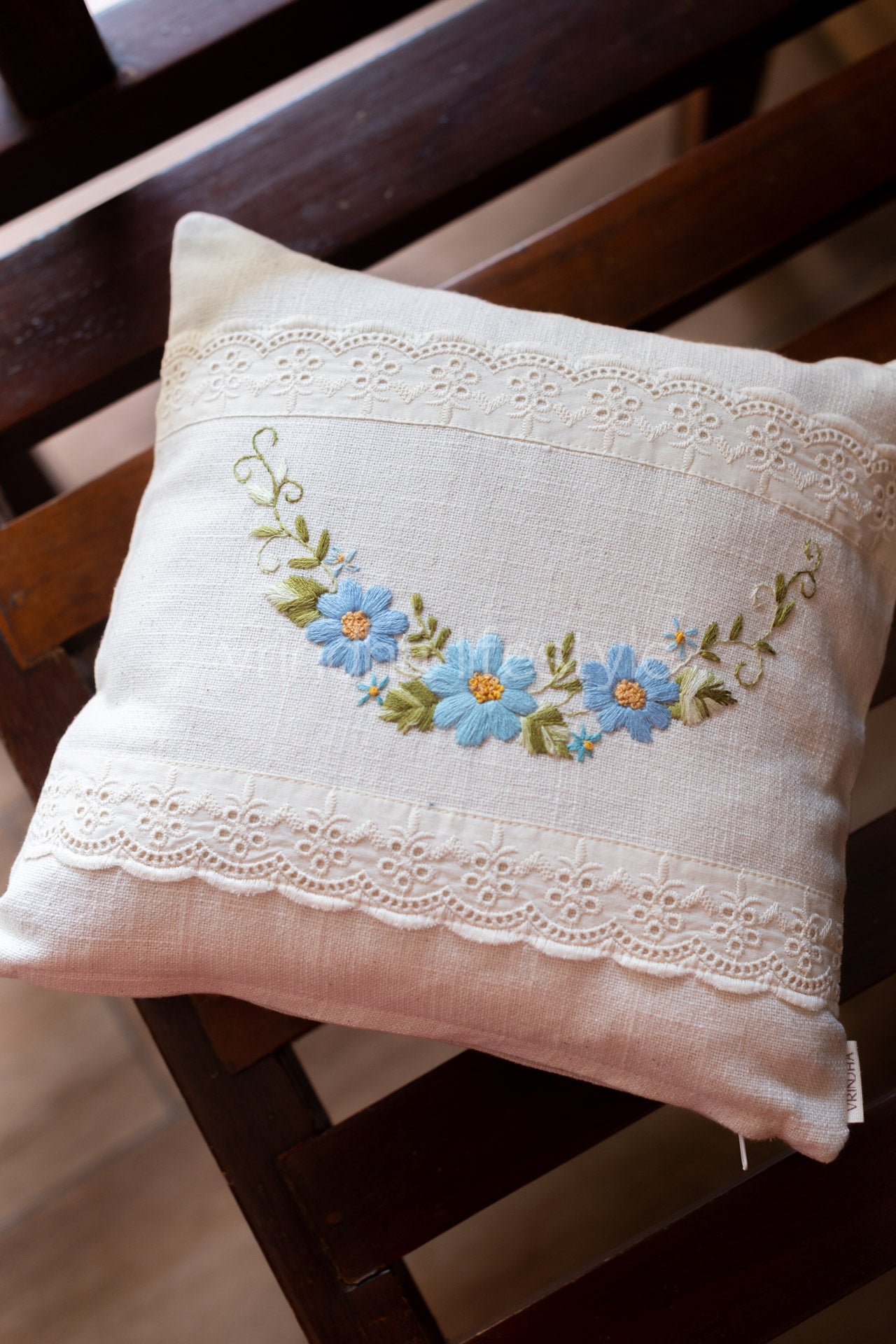 cotton cushion cover with hand embroidery and lace detailing -Single unit- 12x12 inches