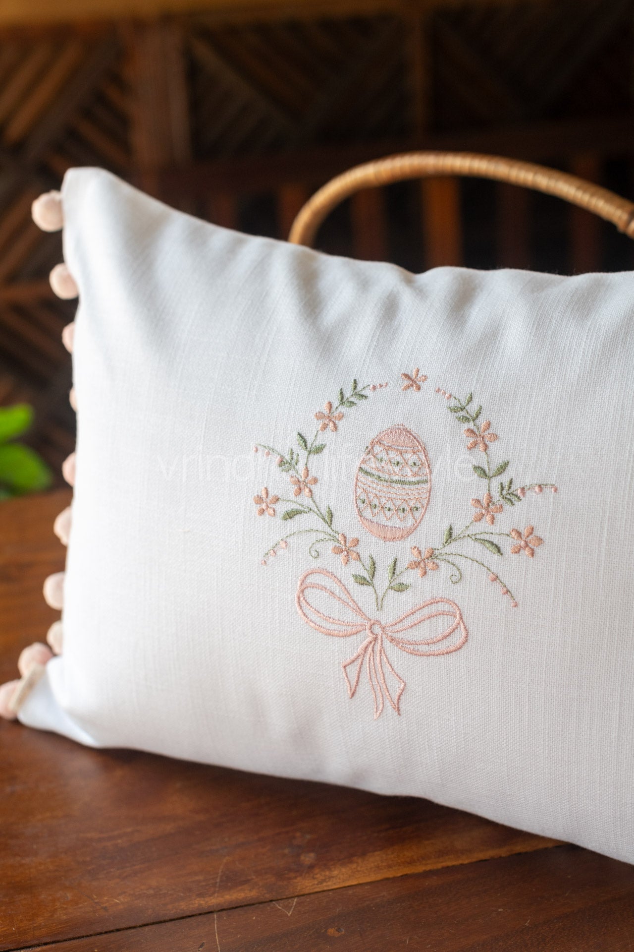 Cotton pre-filled cushion cover with embroidery and pompom -12x18 inches-single unit