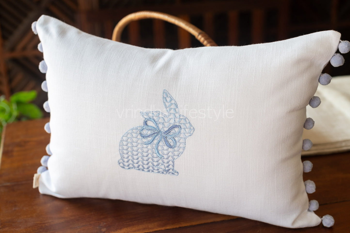 Cotton pre-filled cushion cover with embroidery and pompom  -12x18 inches-single unit