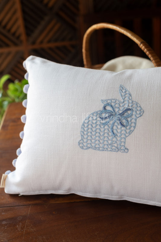 Cotton pre-filled cushion cover with embroidery and pompom  -12x18 inches-single unit