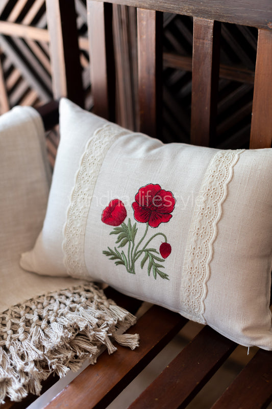 Cotton  pre-filled cushion cover with embroidery and lace detailing -12x18 inches-single unit
