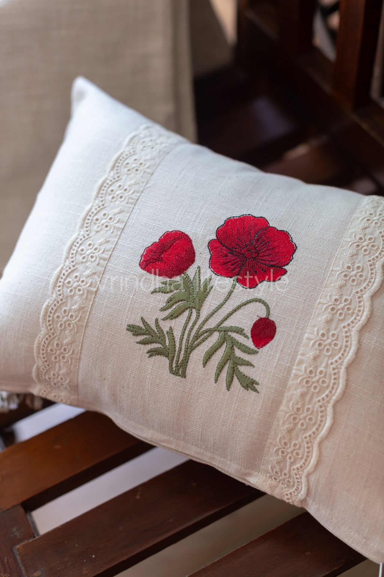 Cotton  pre-filled cushion cover with embroidery and lace detailing -12x18 inches-single unit