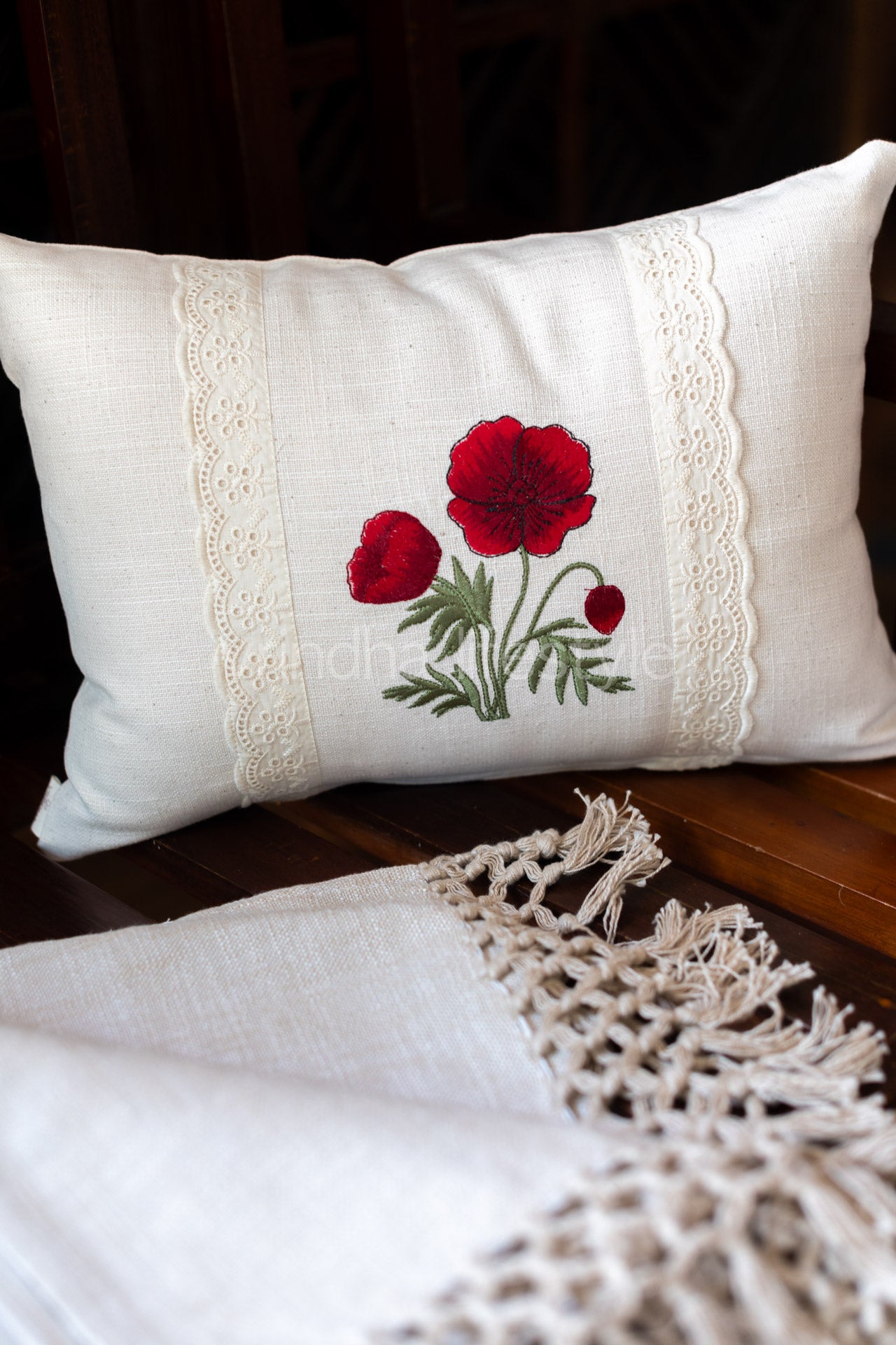Cotton  pre-filled cushion cover with embroidery and lace detailing -12x18 inches-single unit