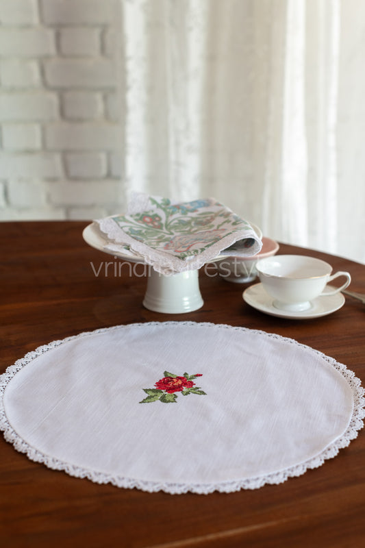 Round table mat with cross stitch embroidery and lace detailing-15 inches