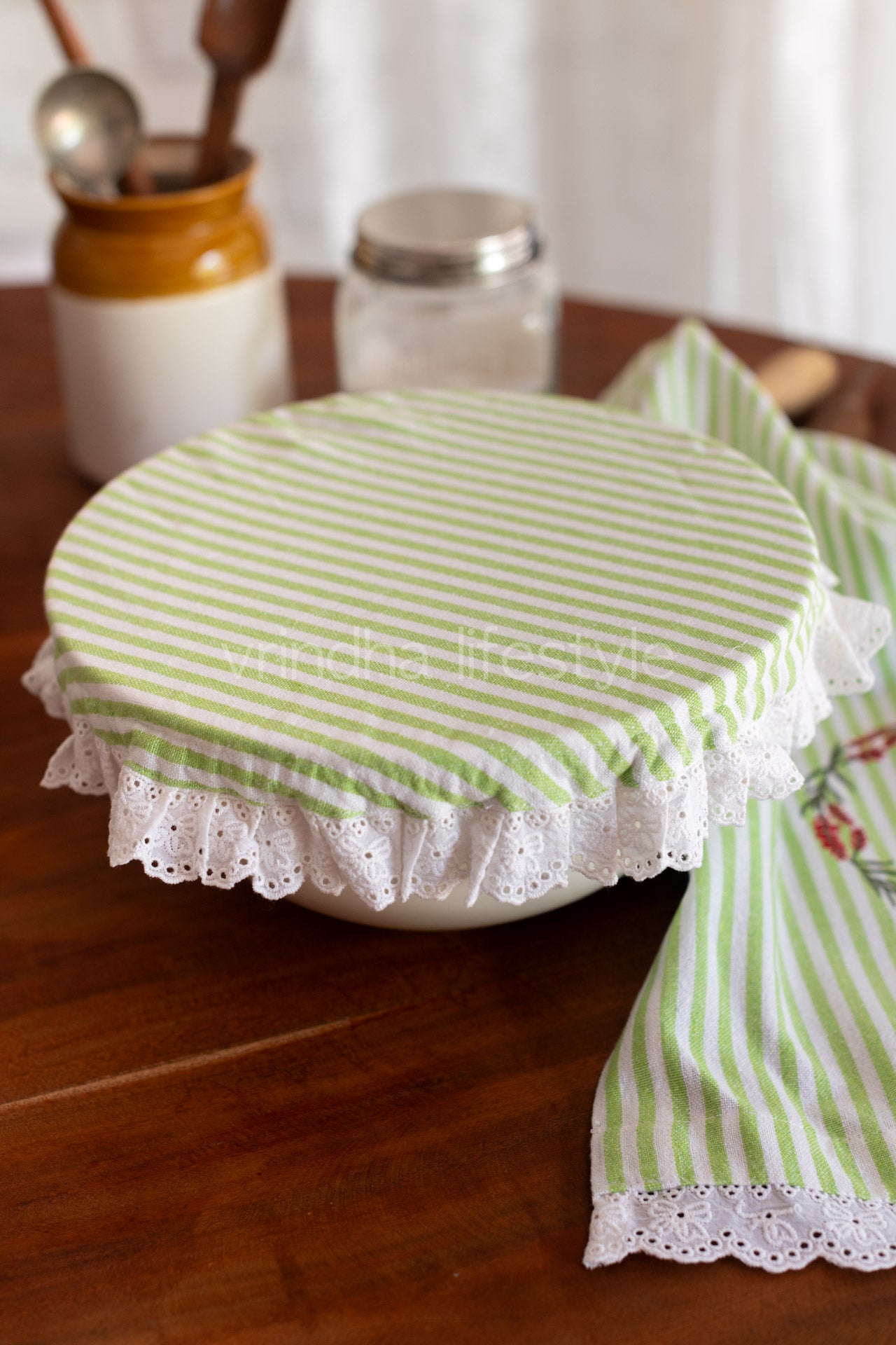 Fabric bowl cover with embroidered kitchen towel-Set of 2