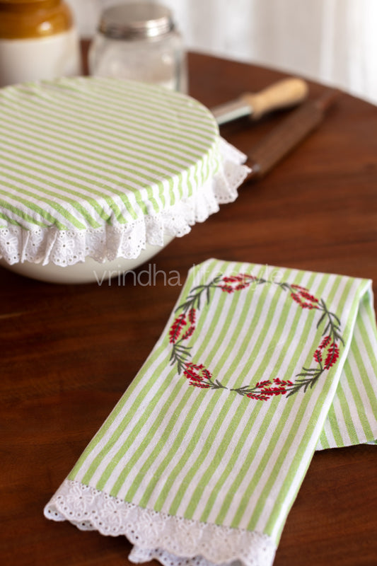 Fabric bowl cover with embroidered kitchen towel-Set of 2