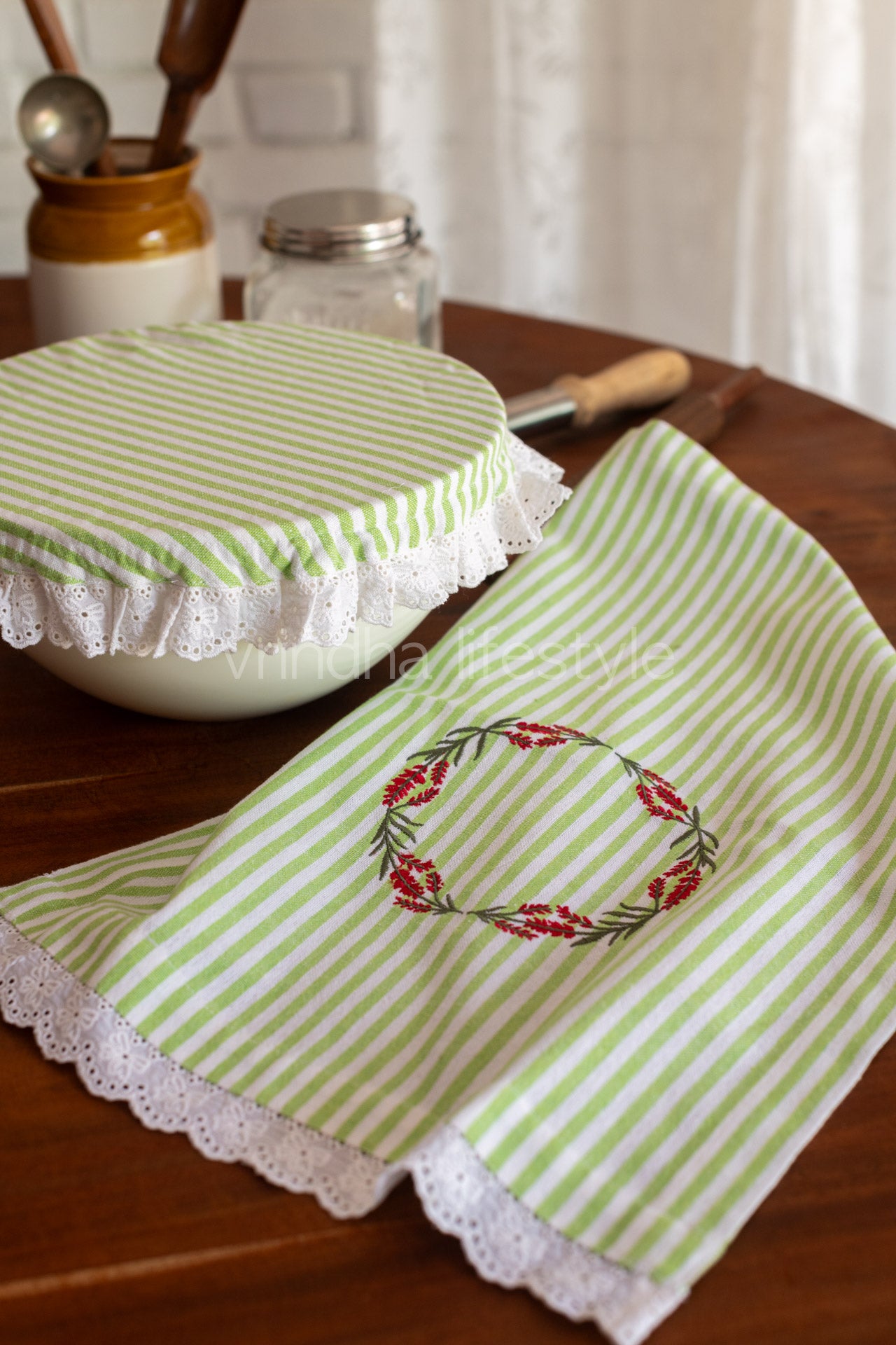 Fabric bowl cover with embroidered kitchen towel-Set of 2