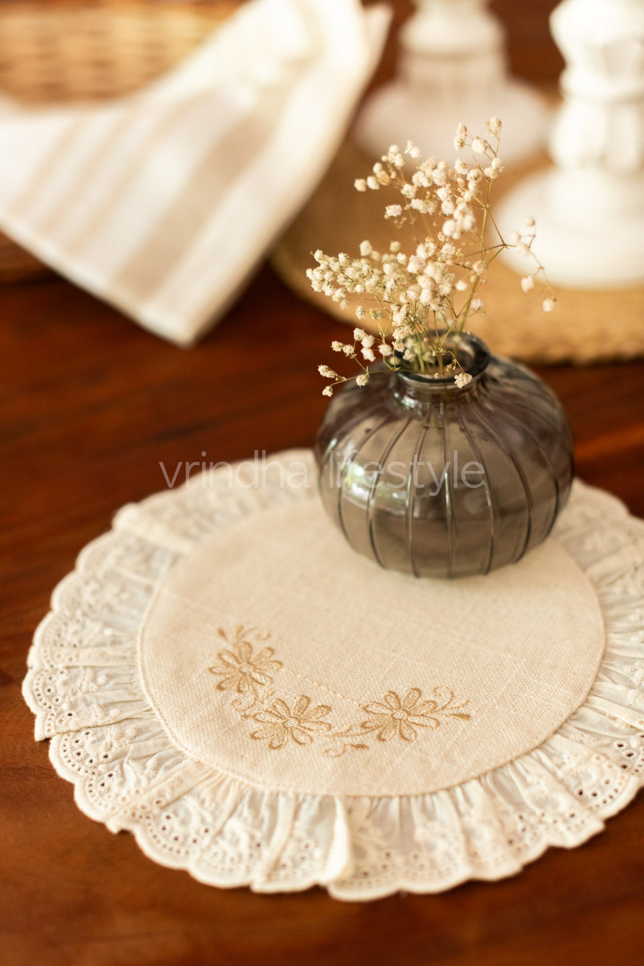 Round embroidered table mat with lace detailing ,10 inches-Single unit