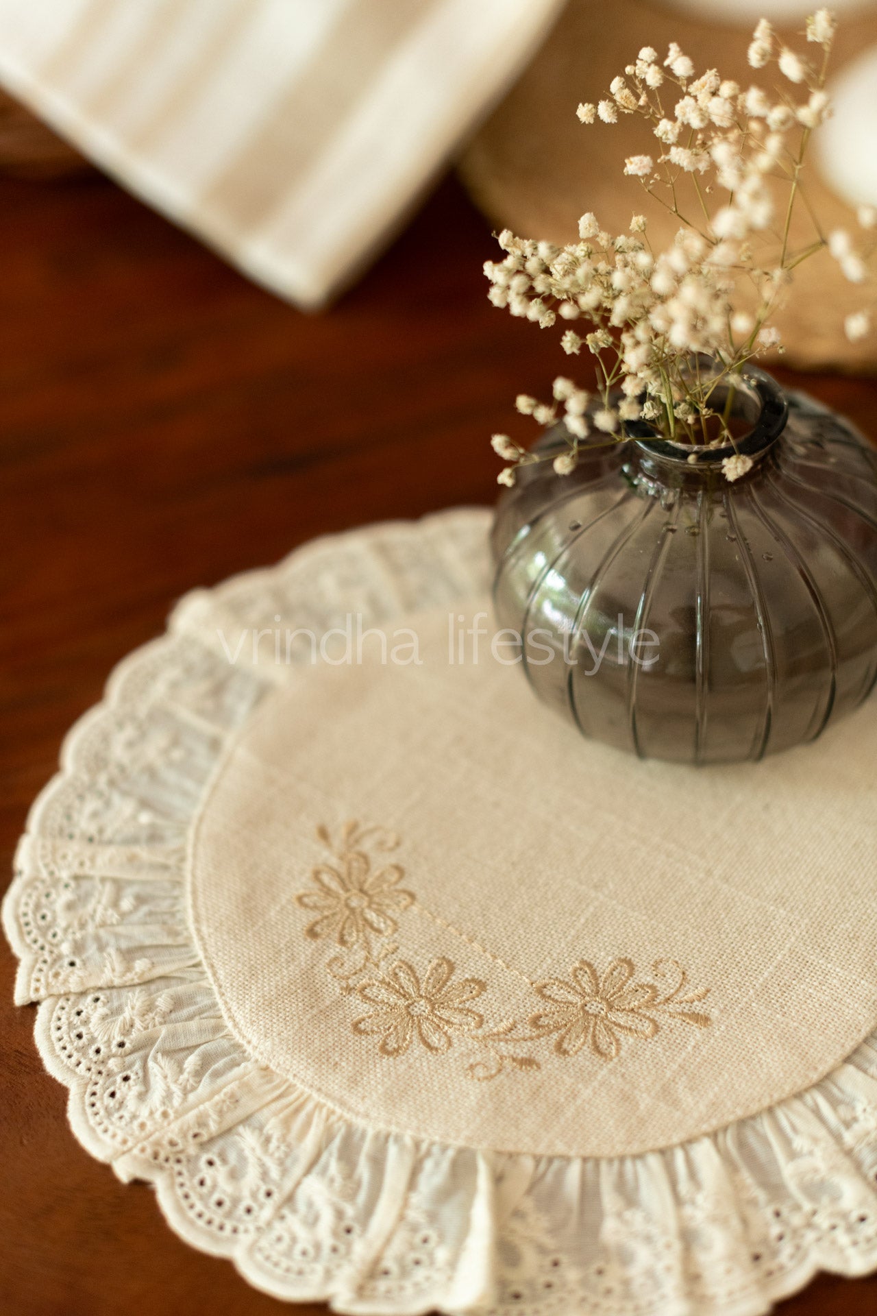 Round embroidered table mat with lace detailing ,10 inches-Single unit