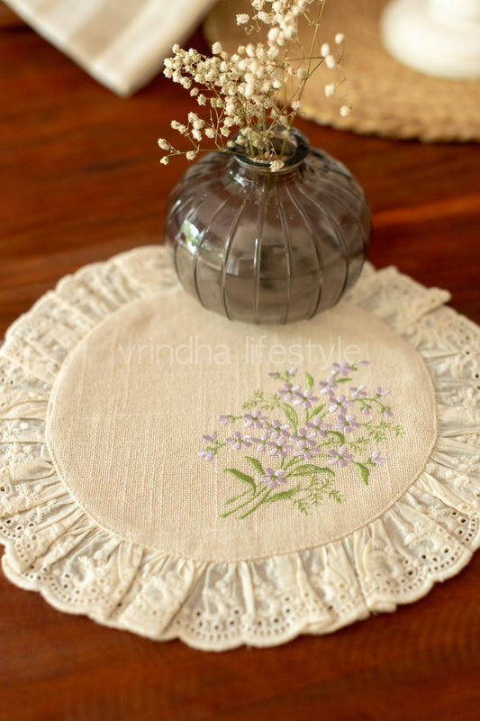 Round embroidered table mat with lace detailing ,10 inches-Single unit
