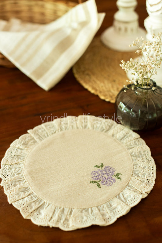 Round embroidered table mat with lace detailing ,10 inches-Single unit