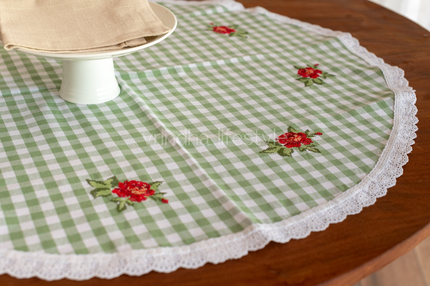 Round table cloth with embroidery and lace detailing-32 inches-customisable