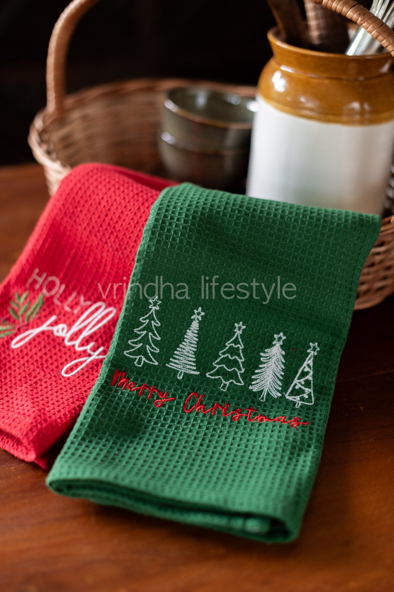 Waffle Kitchen towels with embroidery -Set of two