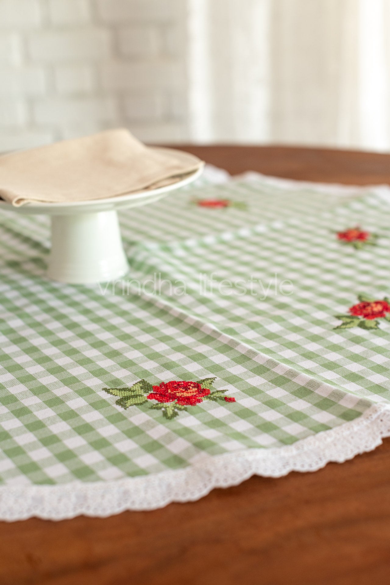 Round table cloth with embroidery and lace detailing-32 inches-customisable
