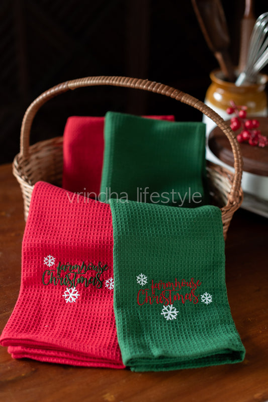 Waffle Kitchen towels with embroidery -Set of two