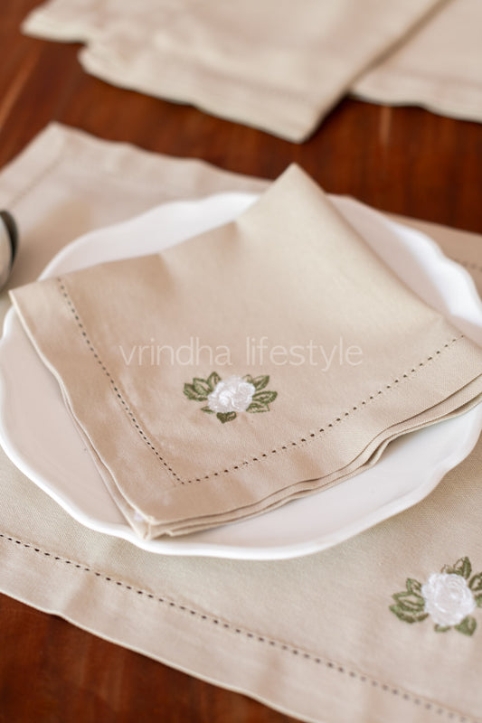 COTTON TABLE NAPKINS with embroidery and hem stitch detailing-Set of 2