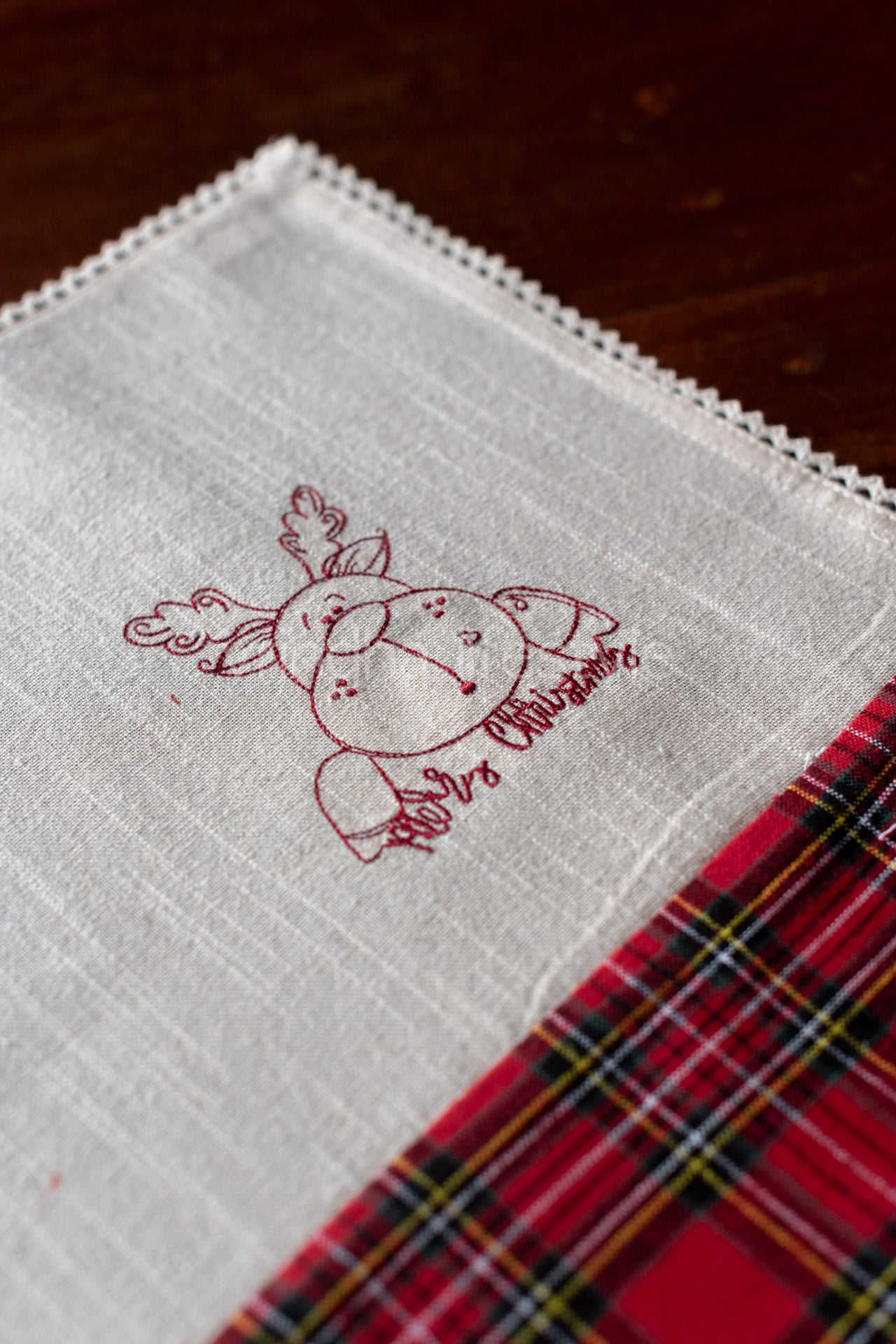 Cotton tray mat with embroidery and lace detailing--single unit- customisable