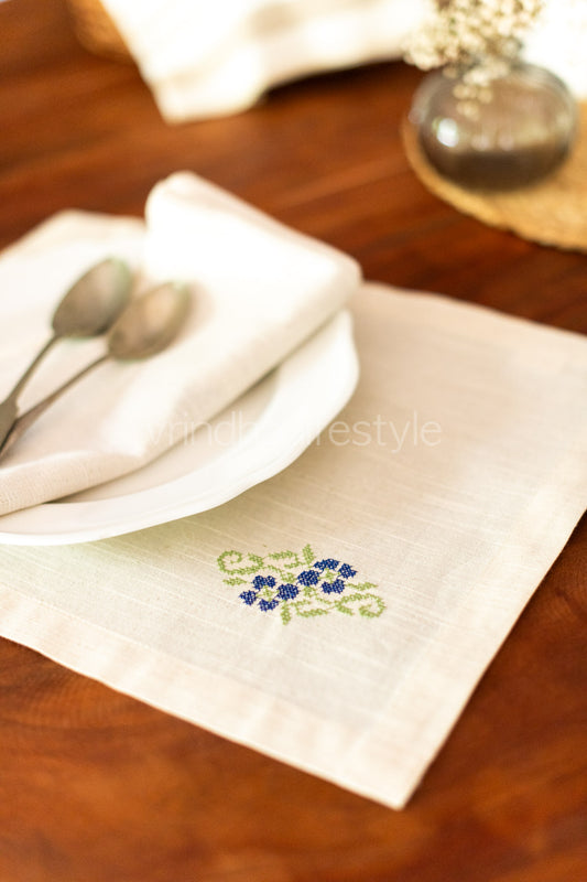 Cotton slub table mat with cross stitch embroidery -single unit
