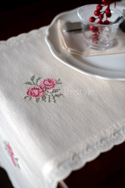 Cotton table runner with floral embroidery and lace detailing16x50 inches-4seater -customisable