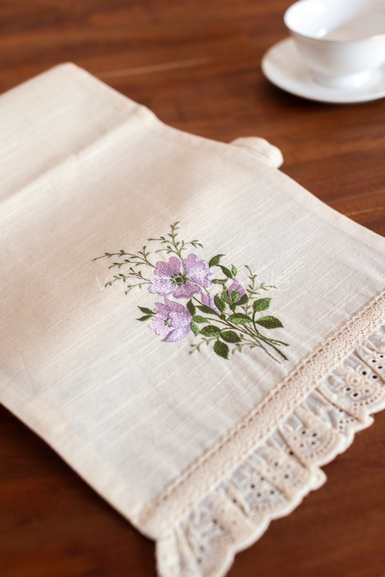 Cotton coffee table runner with embroidery frill detailing - 11x48 inches