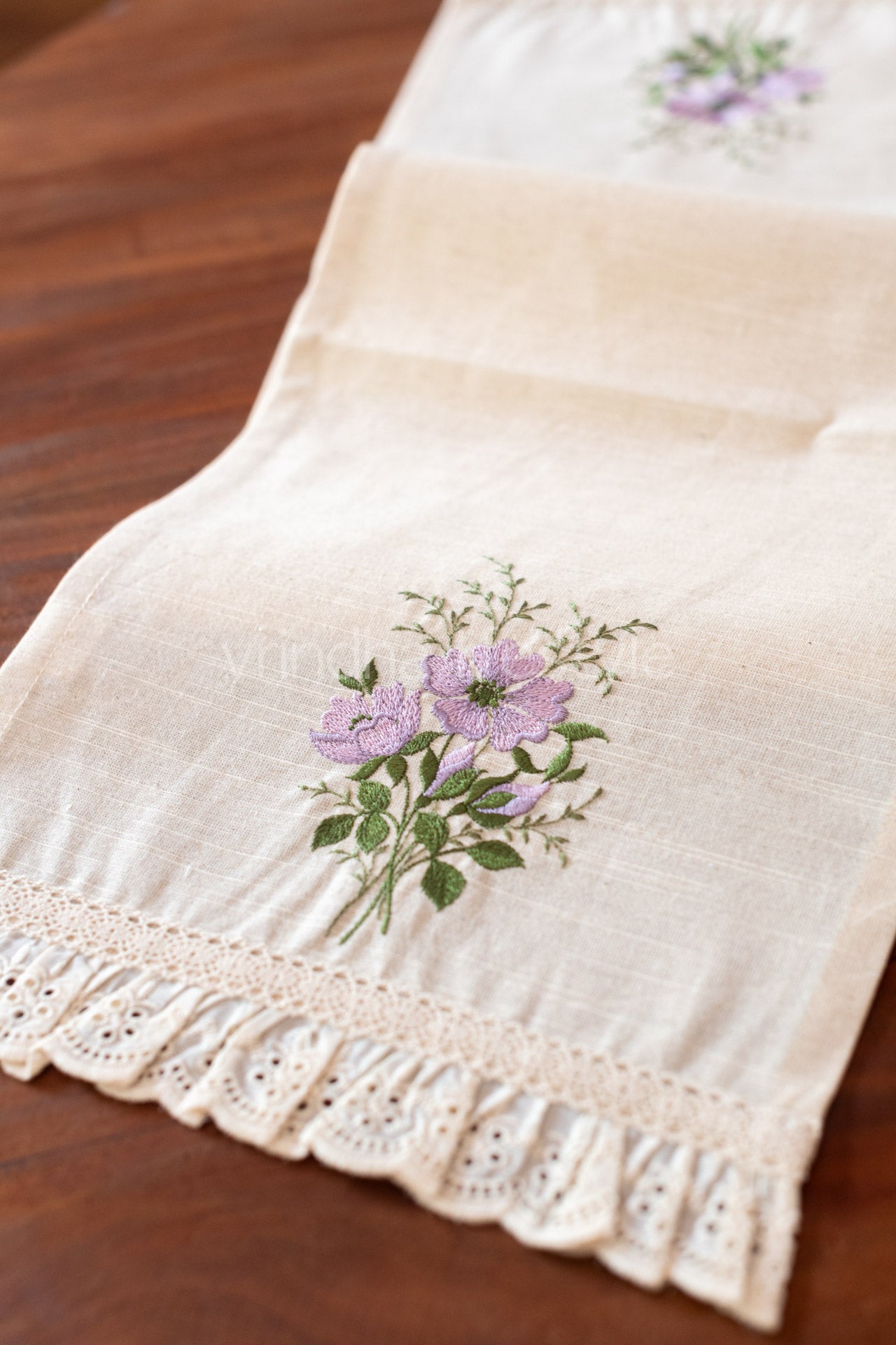 Cotton coffee table runner with embroidery frill detailing - 11x48 inches