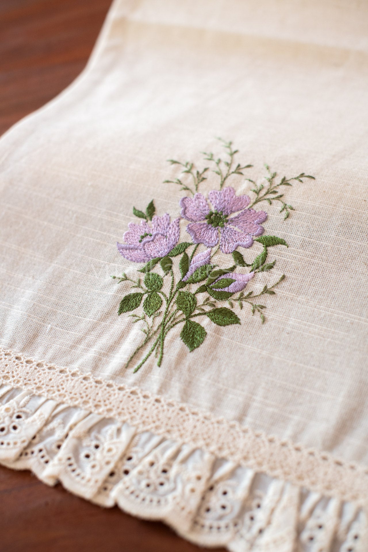 Cotton coffee table runner with embroidery frill detailing - 11x48 inches