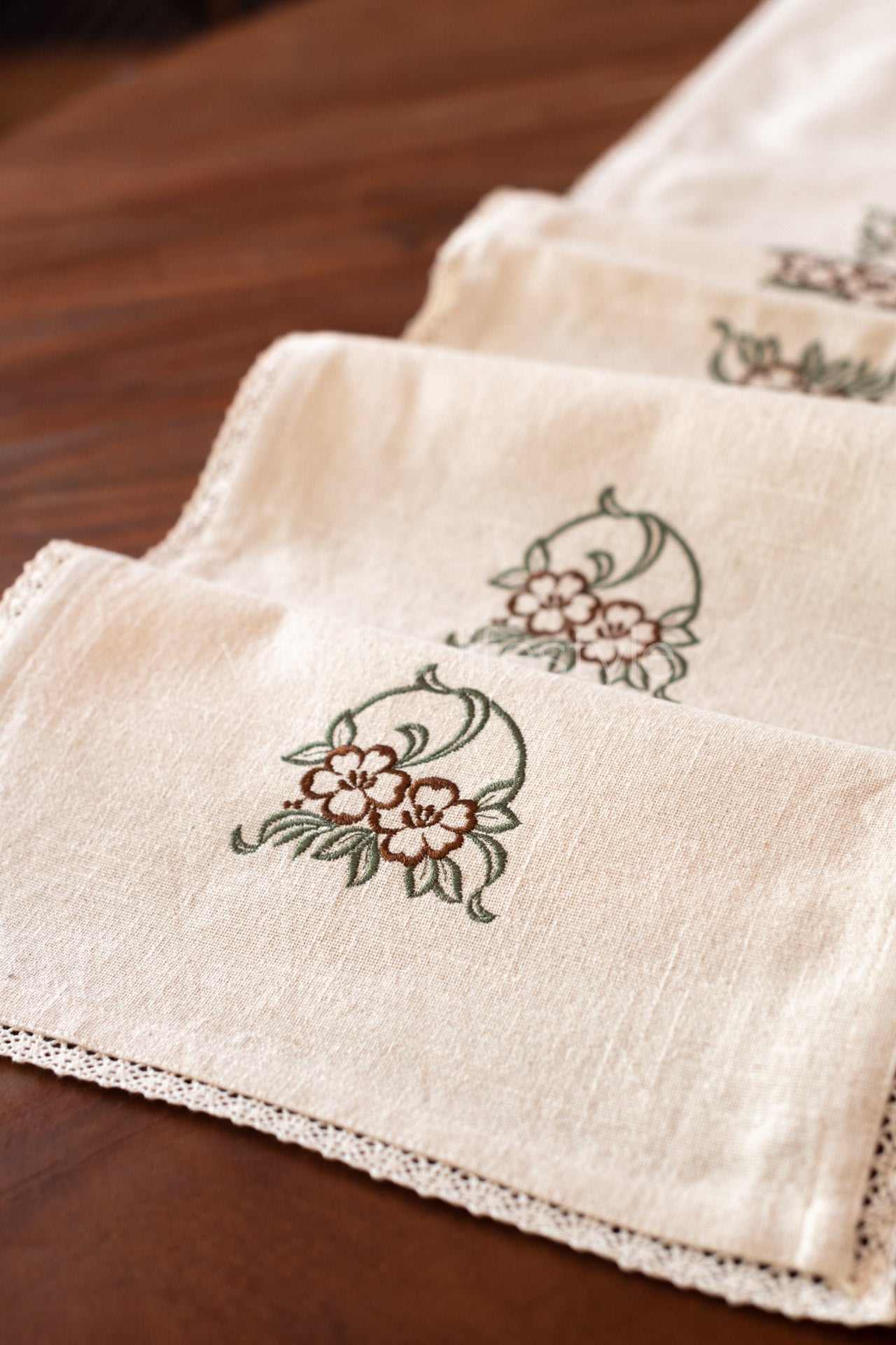 Cotton table runner with embroidery  and lace detailing -12x58 inches