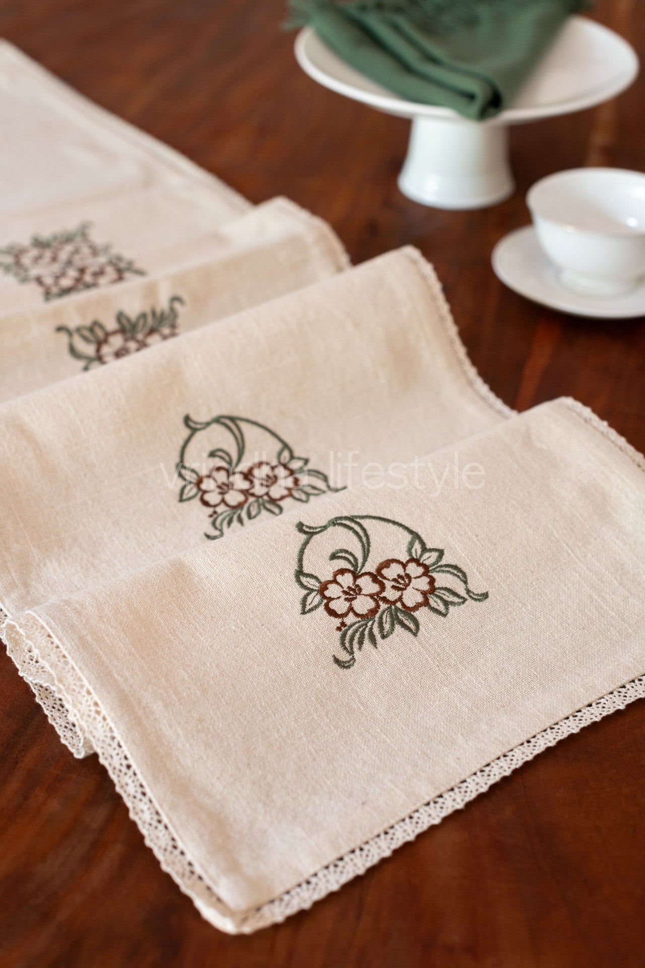 Cotton table runner with embroidery  and lace detailing -12x58 inches