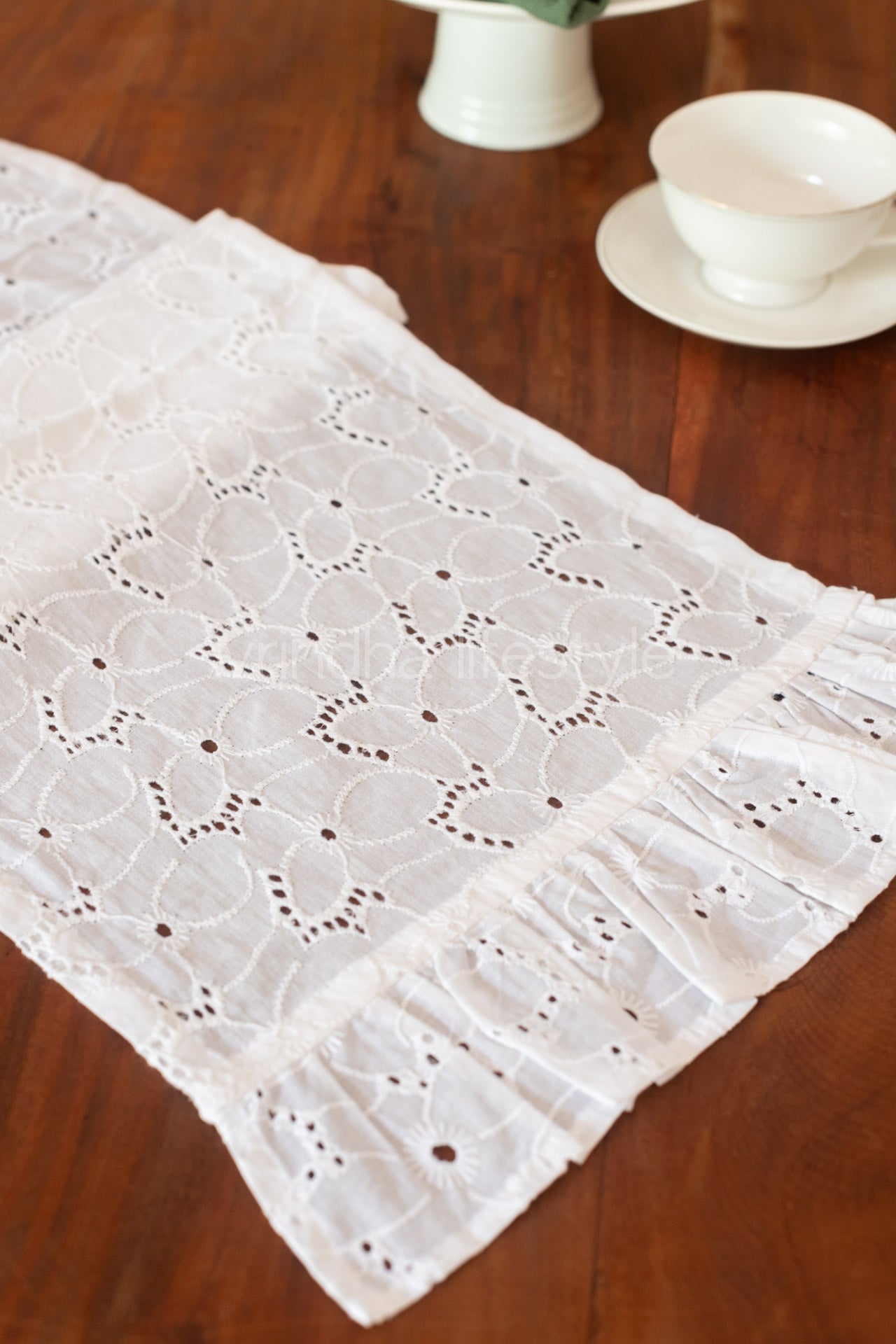 COFFEE TABLE RUNNER-Hakoba cotton with frill detailing -11x54 inches