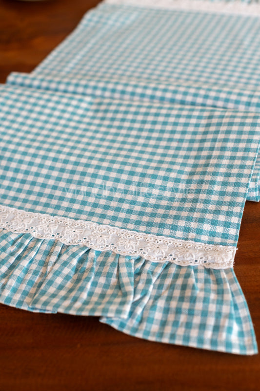 Cotton table runner with frill-Gingham fabric with lace detailing