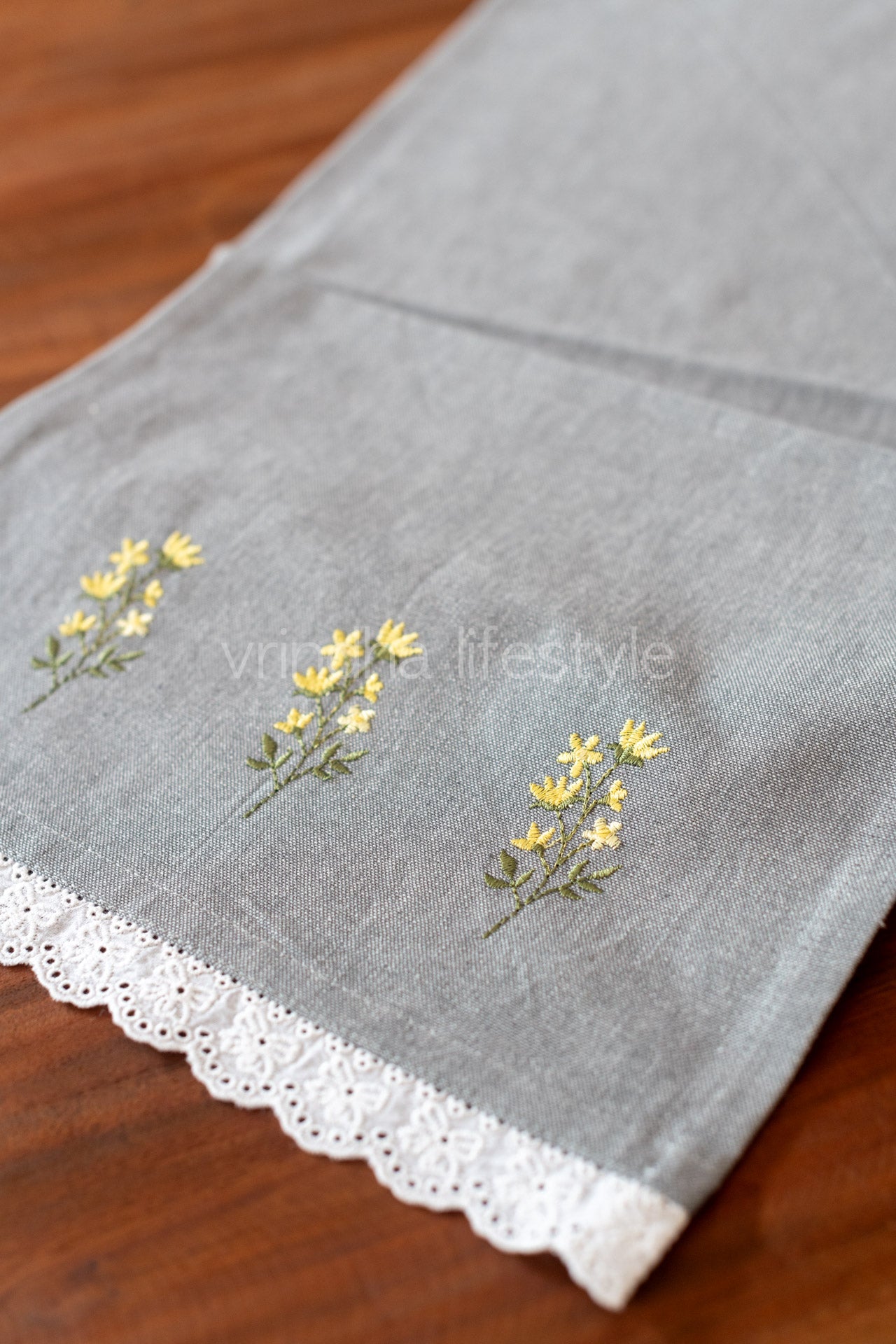 Cotton coffee table runner with embroidery and lace detailing -12.5x43 inches