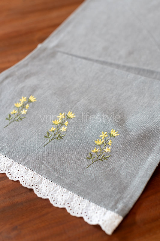 Cotton coffee table runner with embroidery and lace detailing -12.5x43 inches