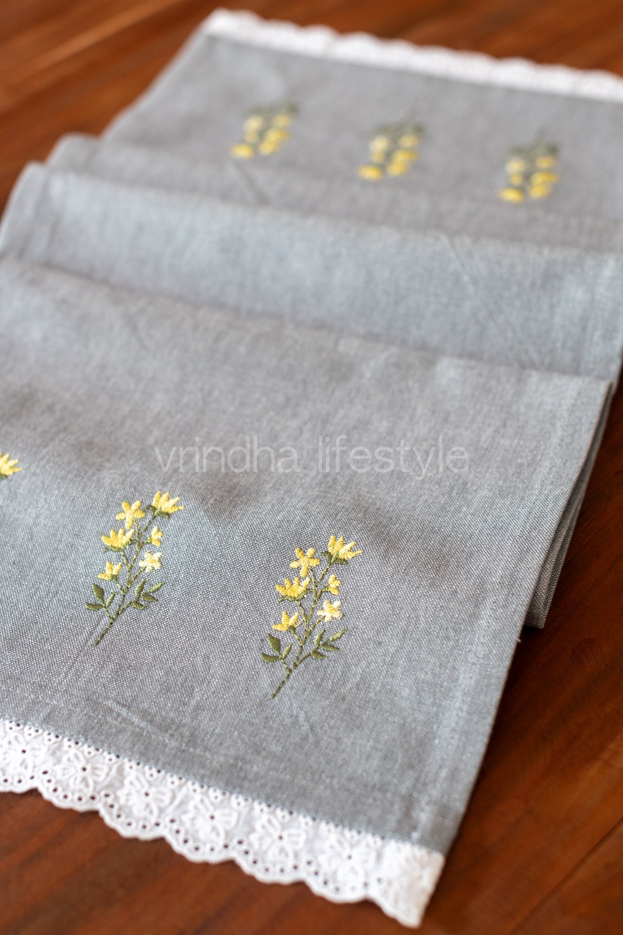 Cotton coffee table runner with embroidery and lace detailing -12.5x43 inches