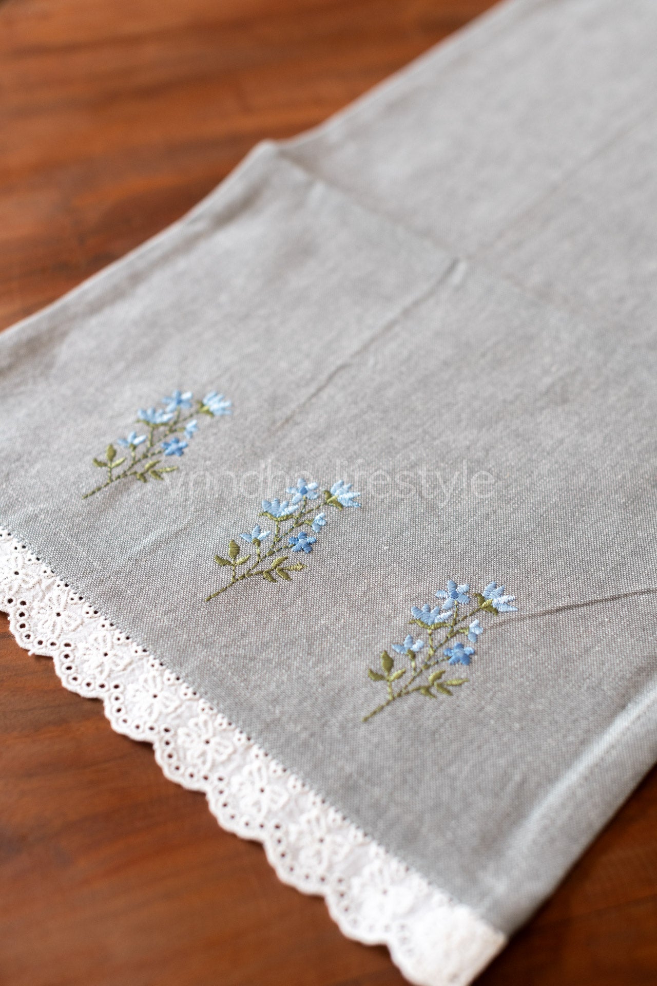 Cotton coffee table runner with embroidery and lace detailing -12.5x43 inches