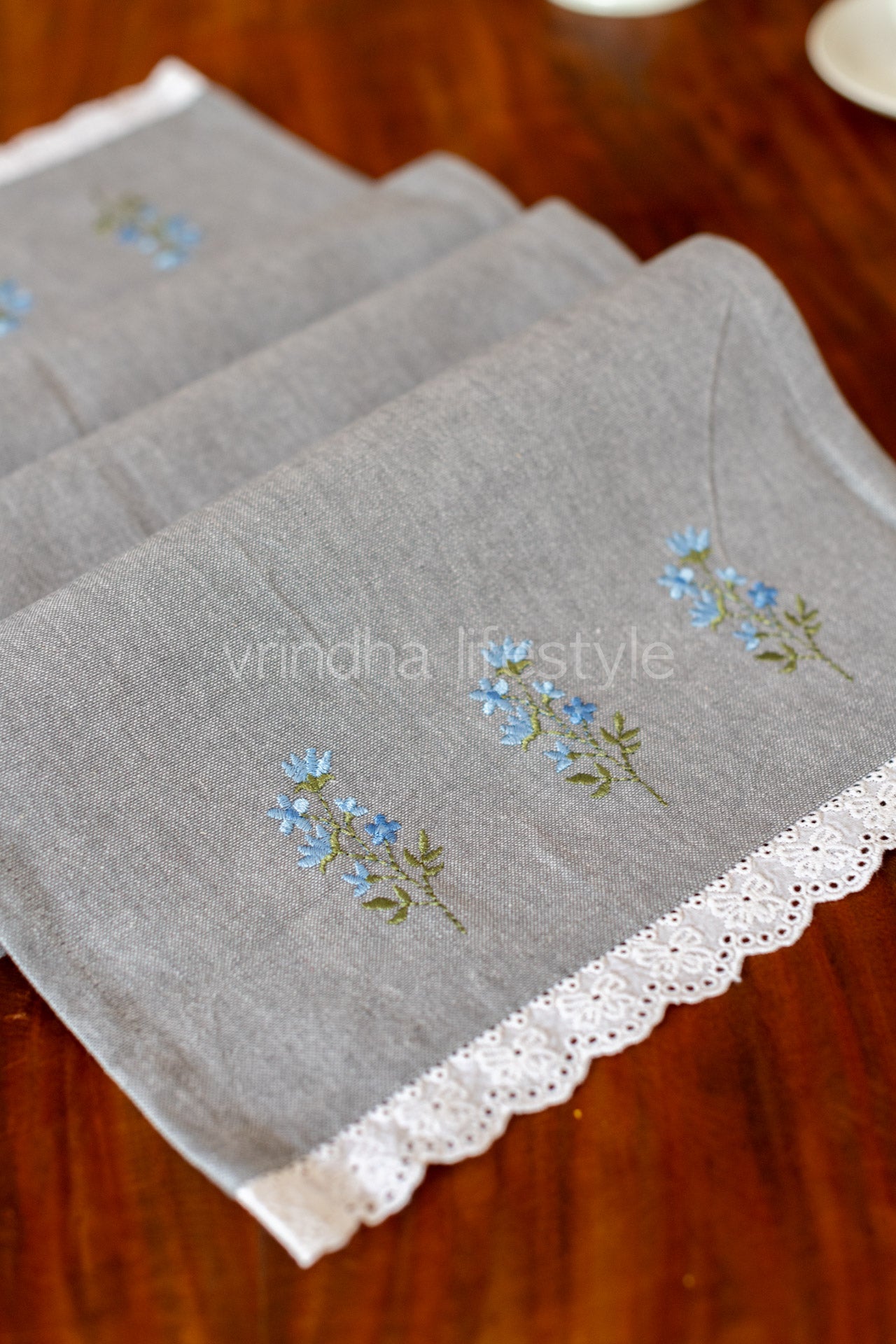 Cotton coffee table runner with embroidery and lace detailing -12.5x43 inches