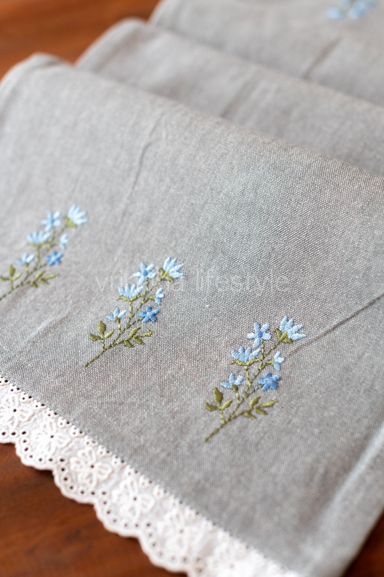 Cotton coffee table runner with embroidery and lace detailing -12.5x43 inches
