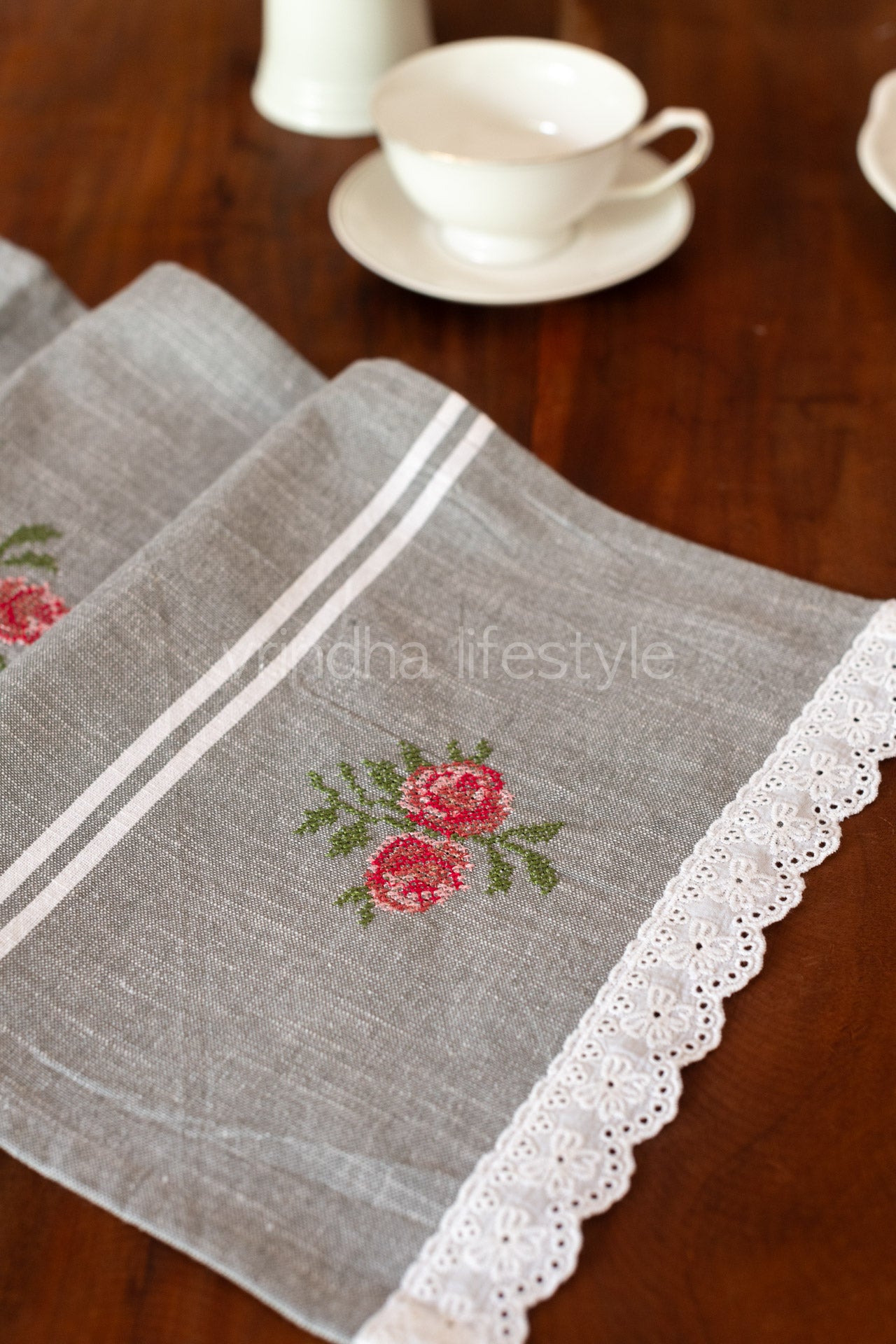Cotton coffee table runner with embroidery and frill detailing - 11x48 inches