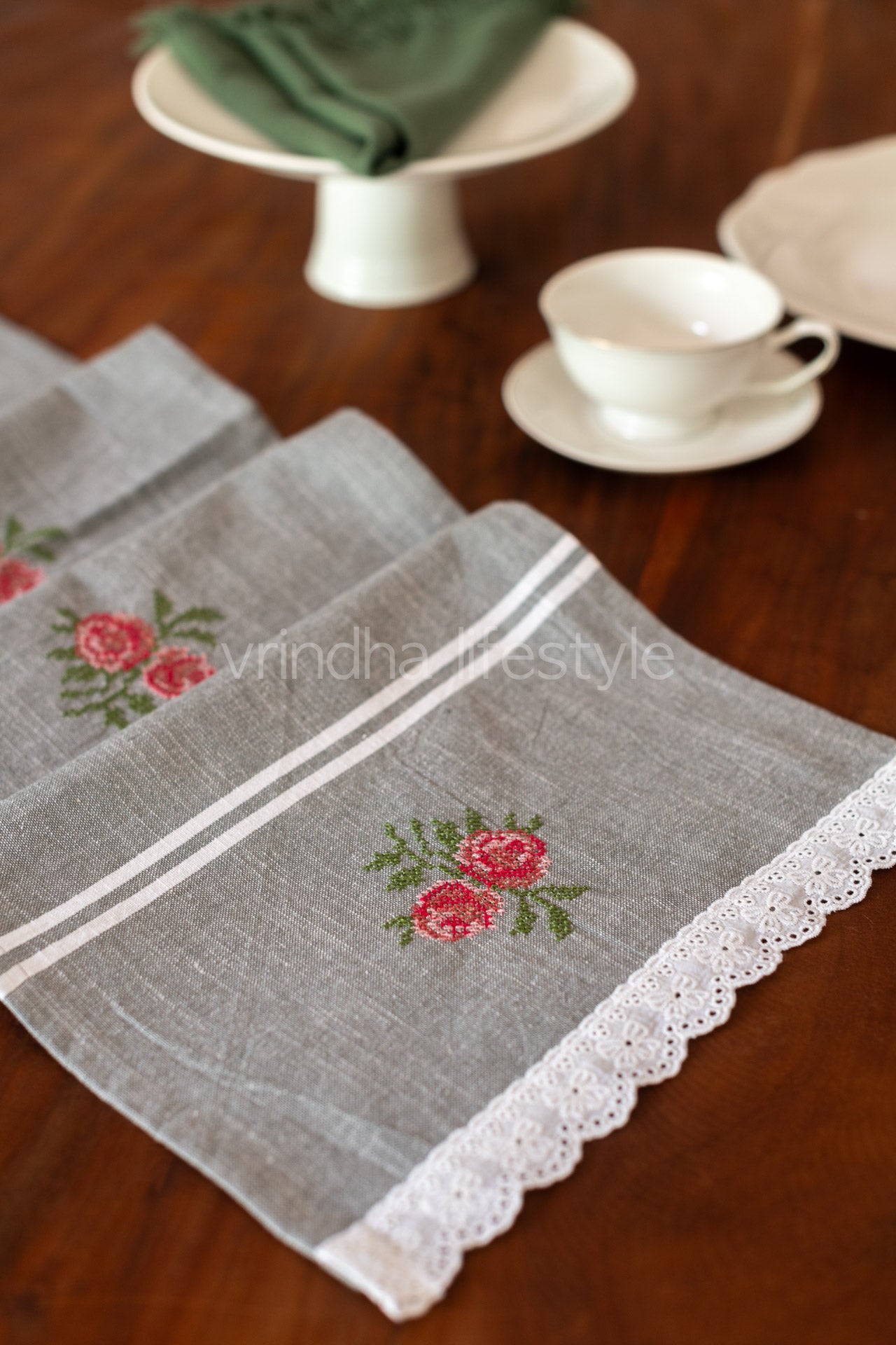Cotton coffee table runner with embroidery and frill detailing - 11x48 inches