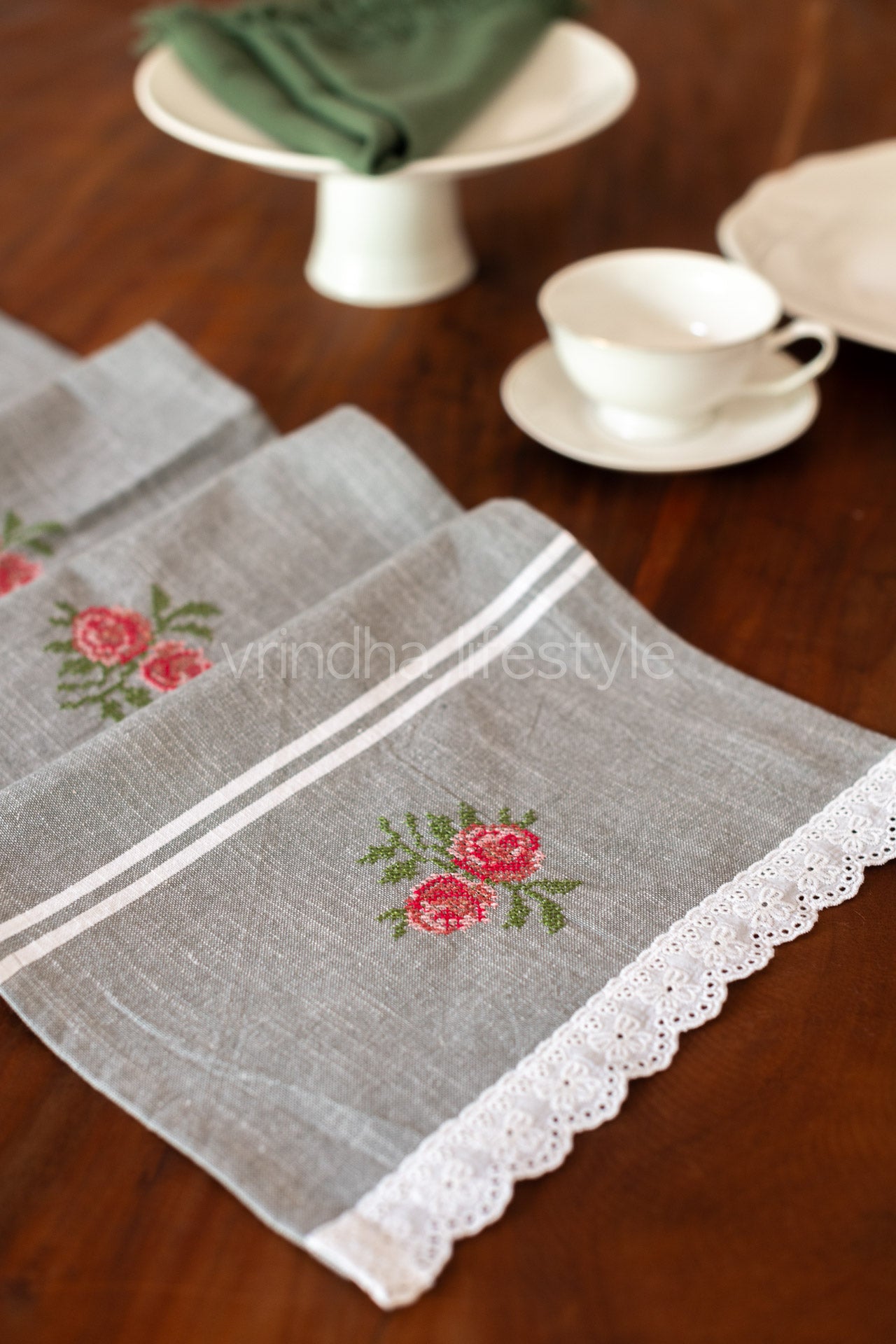 Cotton coffee table runner with embroidery and frill detailing - 11x48 inches