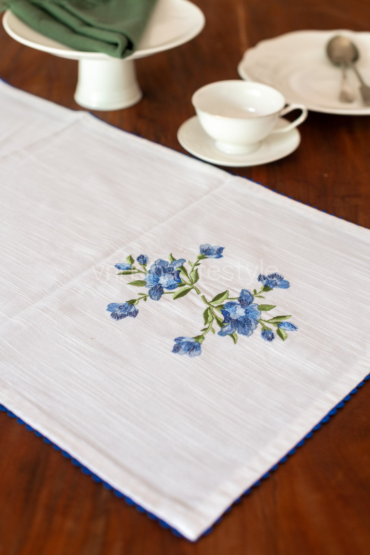Cotton coffee table runner with embroidery and lace detailing -15x39 inches