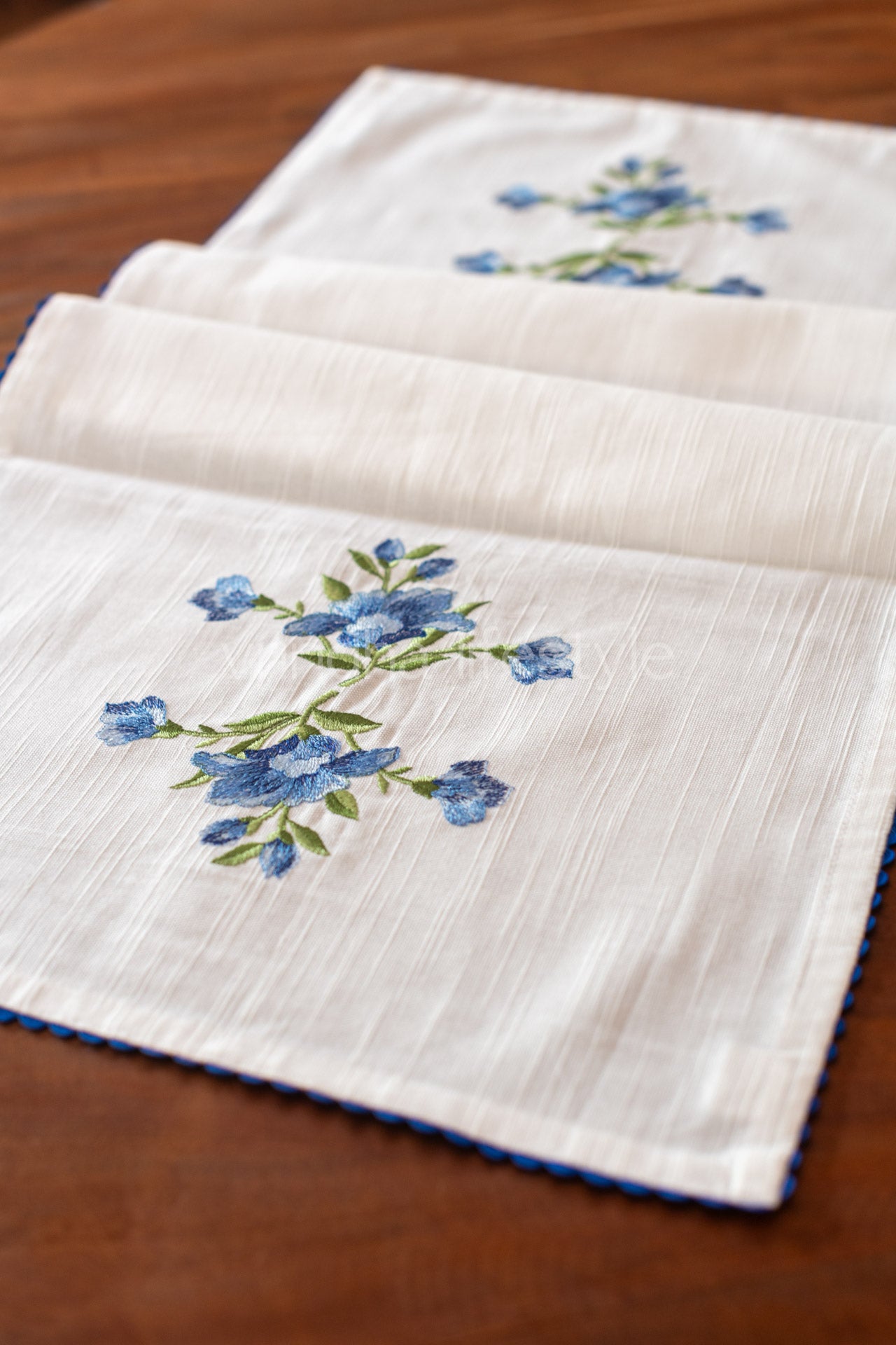 Cotton coffee table runner with embroidery and lace detailing -15x39 inches