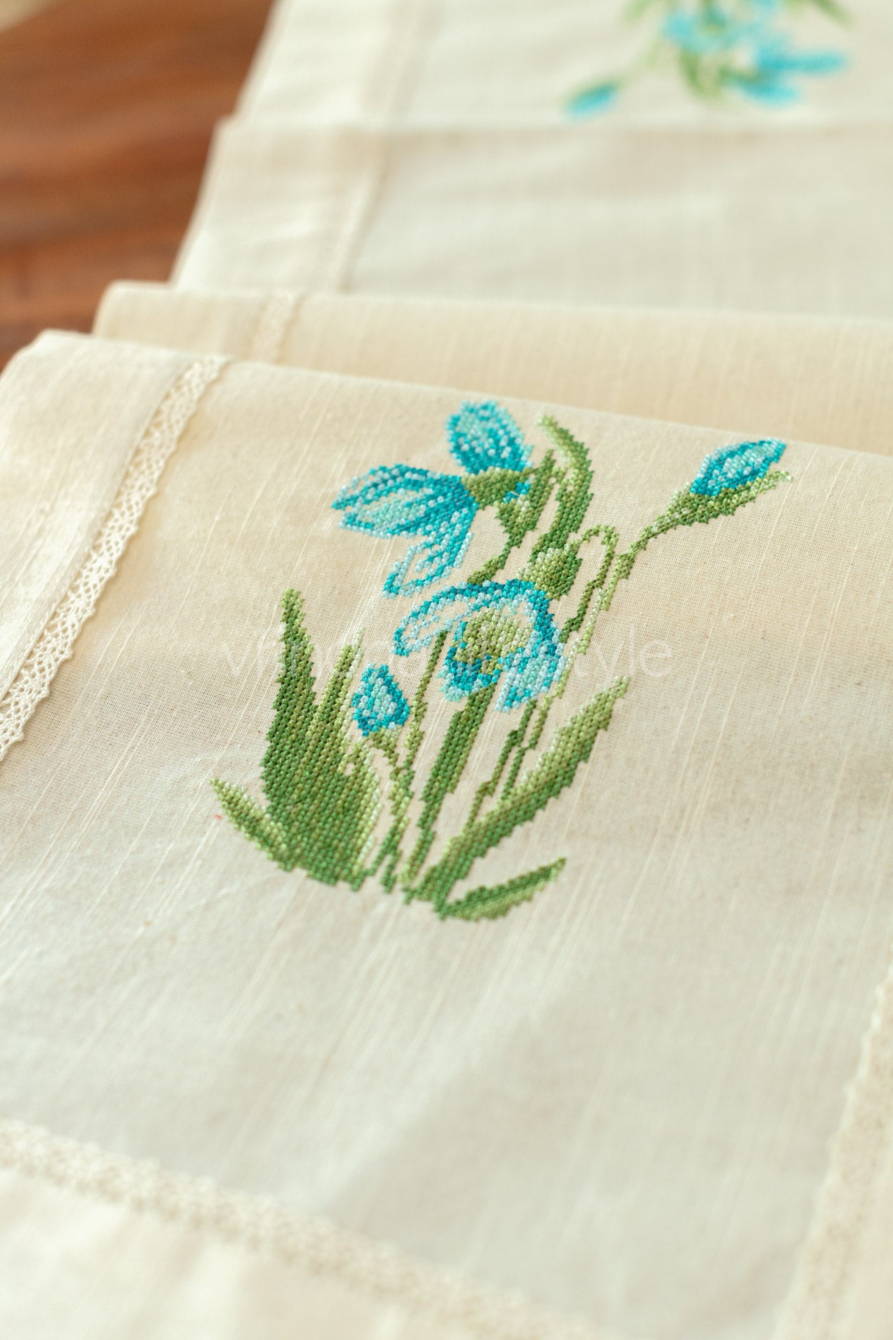 Cotton table runner with cross stitch embroidery and lace detailing -4 seater -14x57inches-customisable